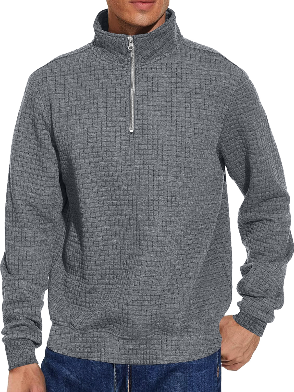Men's Casual Stand Collar Zipper Checkered Solid Color Comfortable Sweatshirt