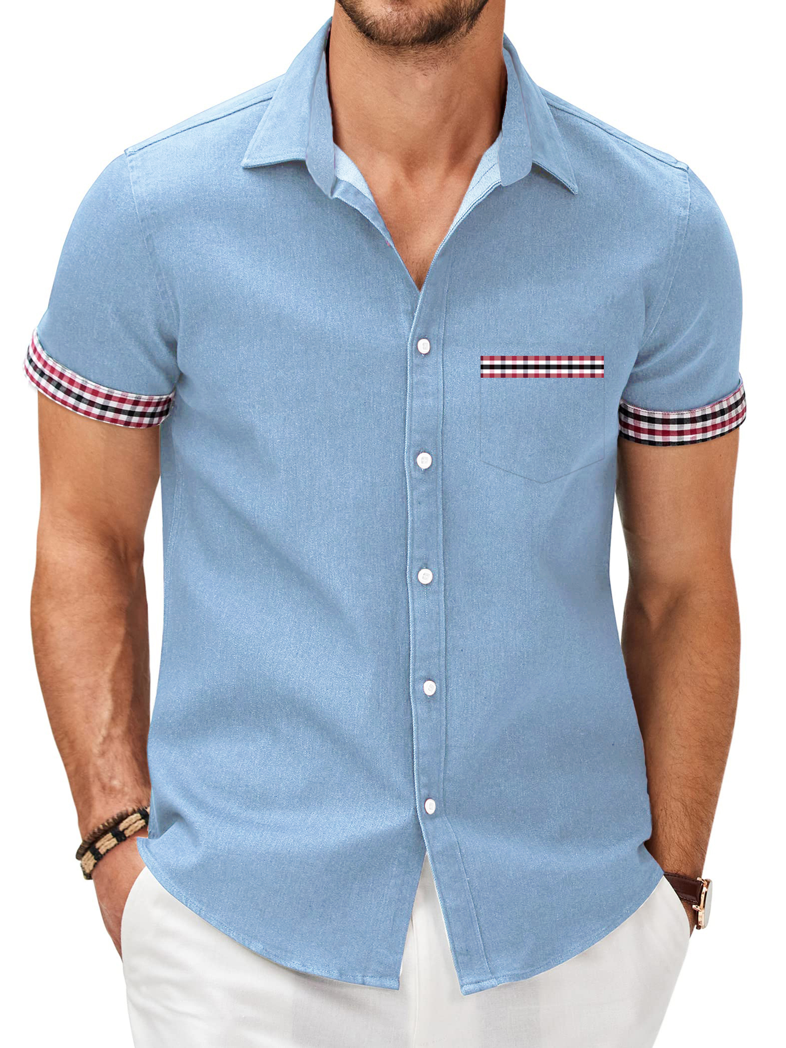 Men's Patchwork Plaid Print Pocket Short Sleeve Shirt