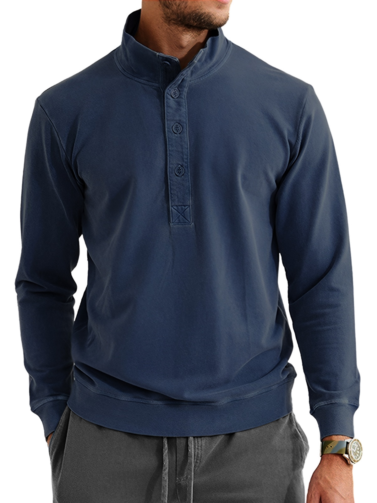 Men's Retro Casual Stand Collar Button Solid Color Sweatshirt