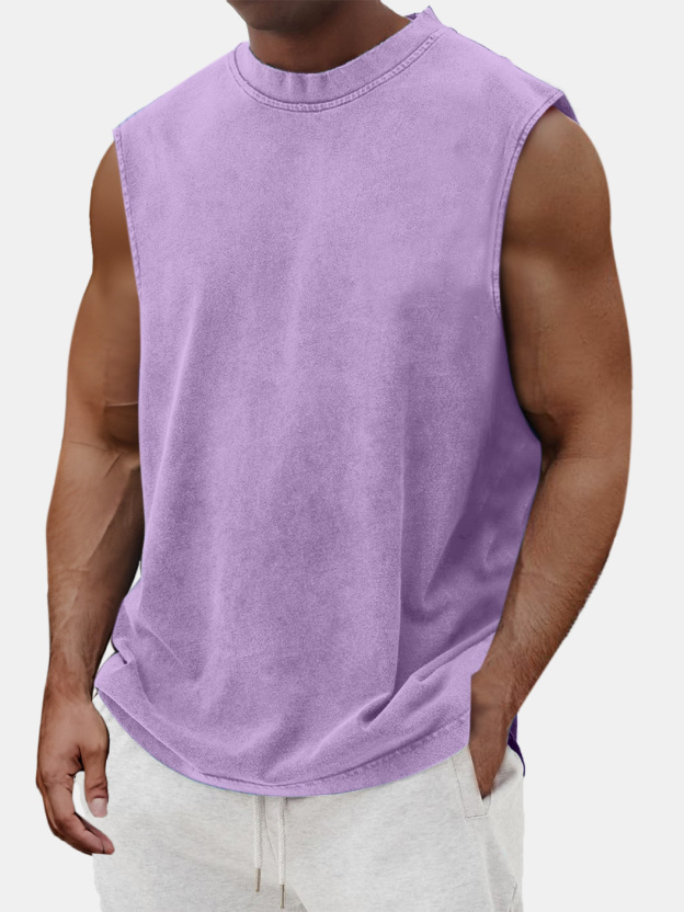 Men's Cotton Basic Washed Distressed Round Neck Sleeveless T-shirt