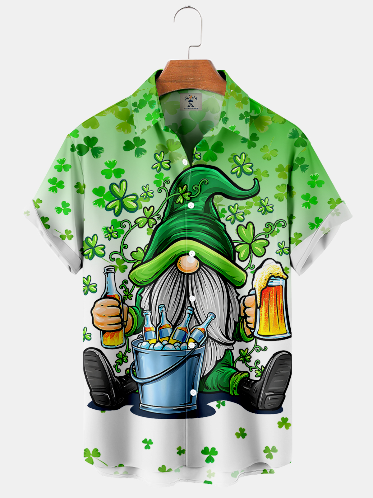 Men's St. Patrick's Gradient Clover Drinking Beer Elf Print Short Sleeve Shirt