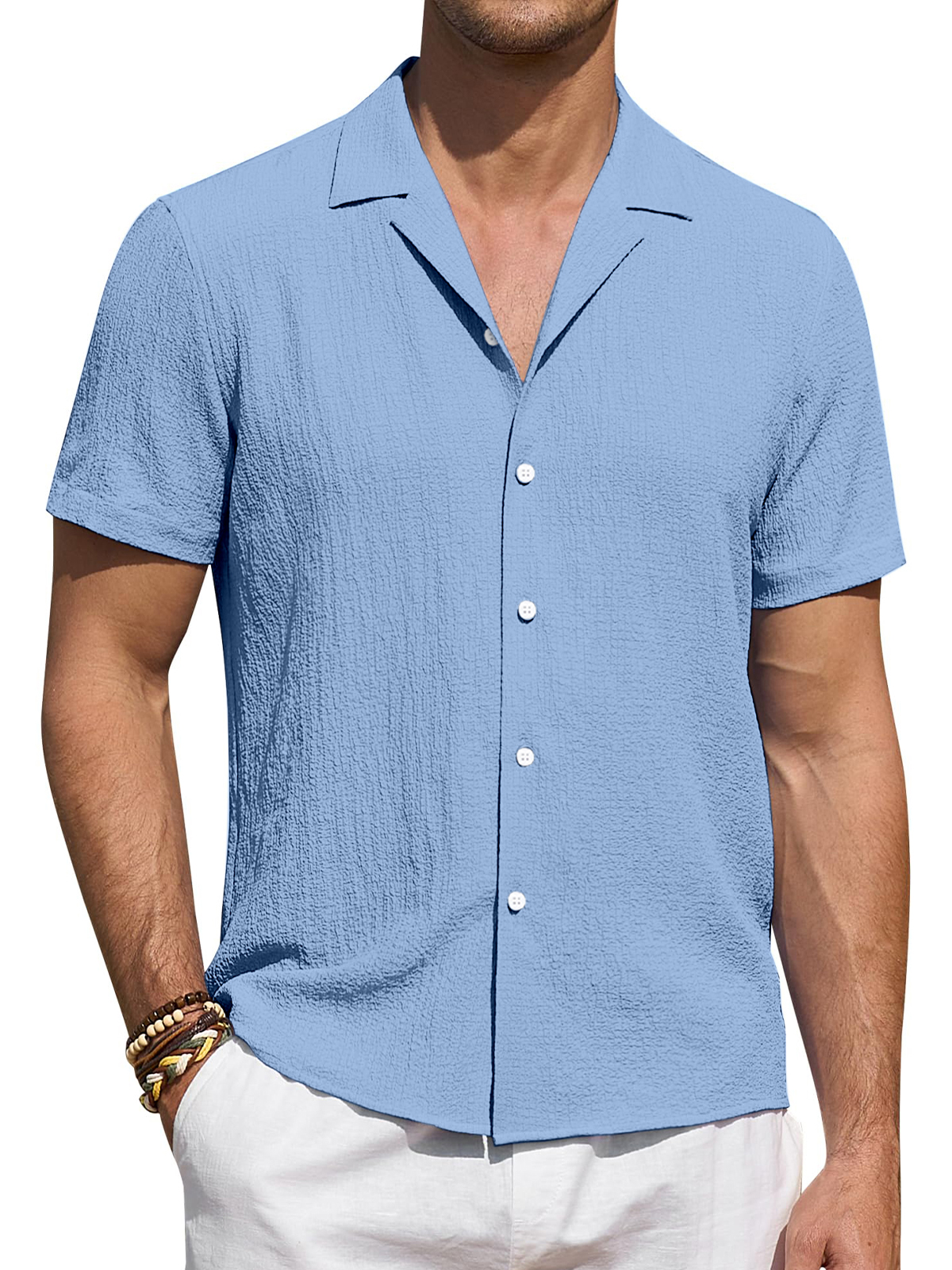 Men's Everyday Comfort Solid Color Puff Wrinkle Short Sleeve Shirt
