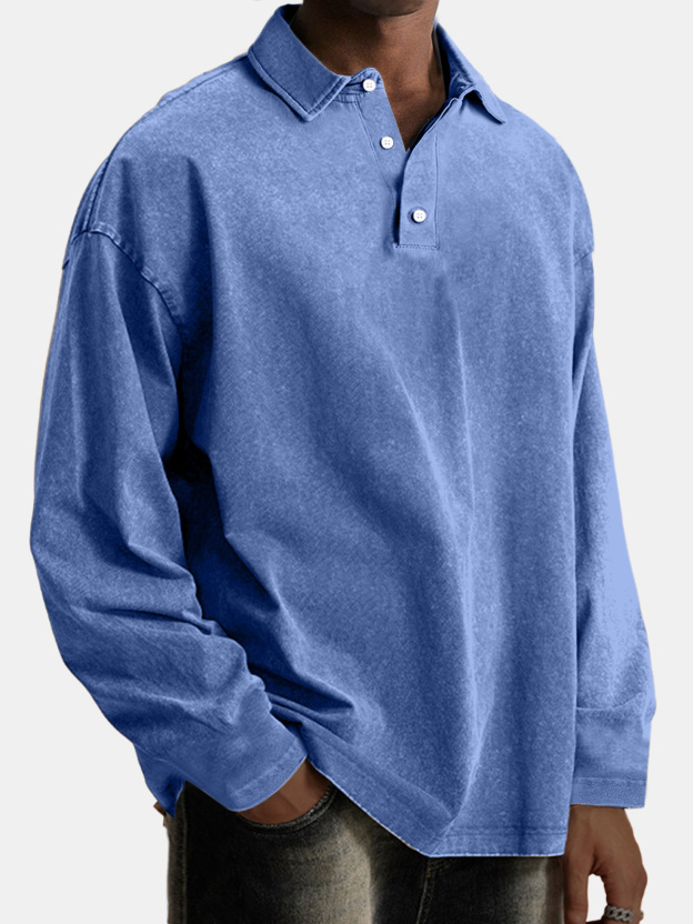Men's Vintage Comfortable Lapel Button Down Long Sleeve Polo Shirt