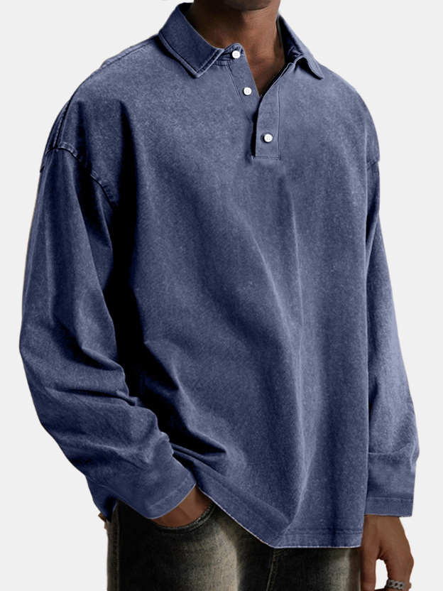 Men's Vintage Comfortable Lapel Button Down Long Sleeve Polo Shirt