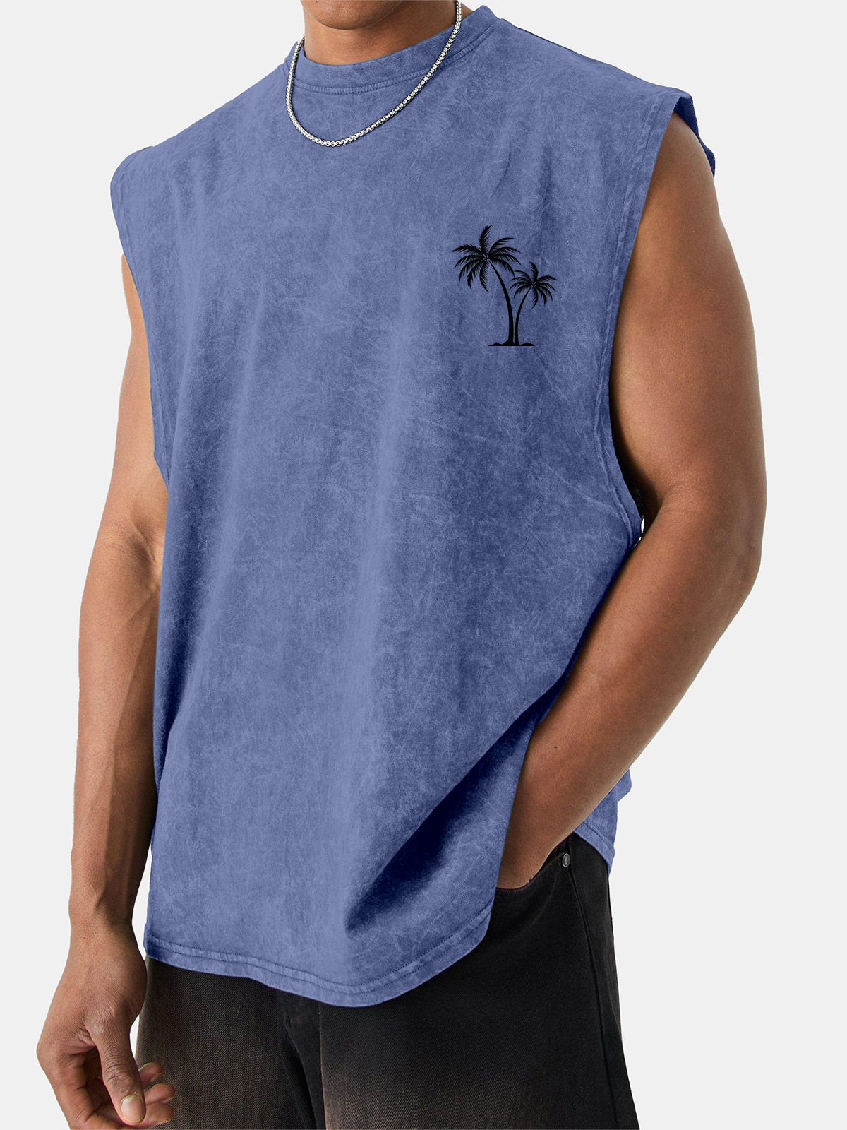 Men's Short-sleeved Vintage Washed Coconut Print Sleeveless T-shirt