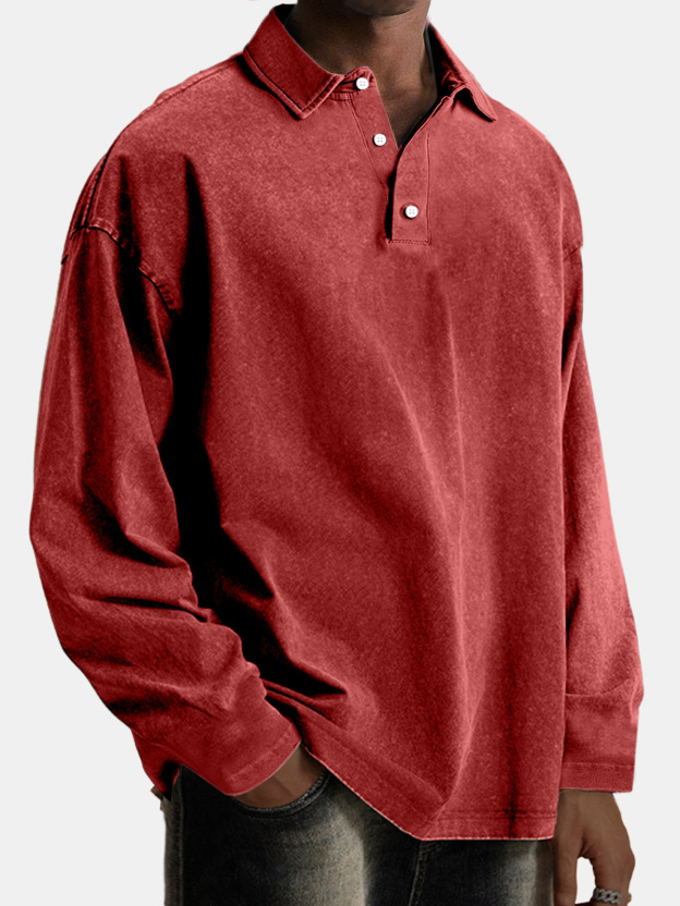 Men's Vintage Comfortable Lapel Button Down Long Sleeve Polo Shirt