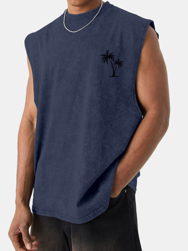 Men's Short-sleeved Vintage Washed Coconut Print Sleeveless T-shirt