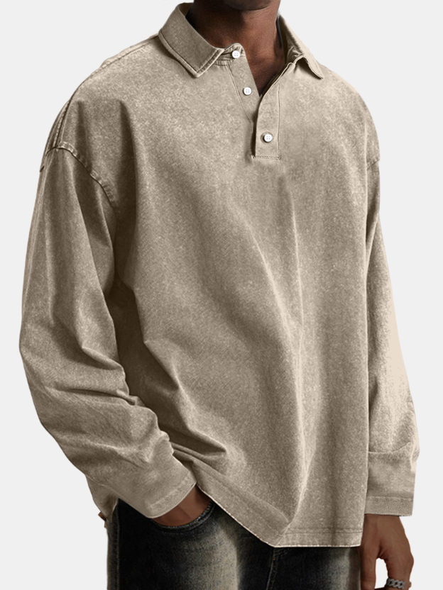 Men's Vintage Comfortable Lapel Button Down Long Sleeve Polo Shirt