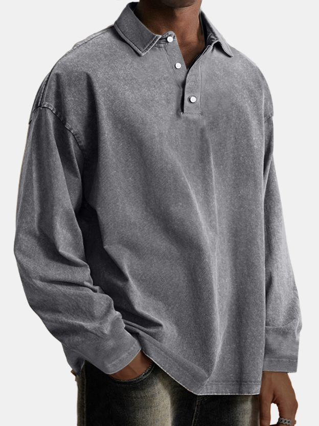 Men's Vintage Comfortable Lapel Button Down Long Sleeve Polo Shirt