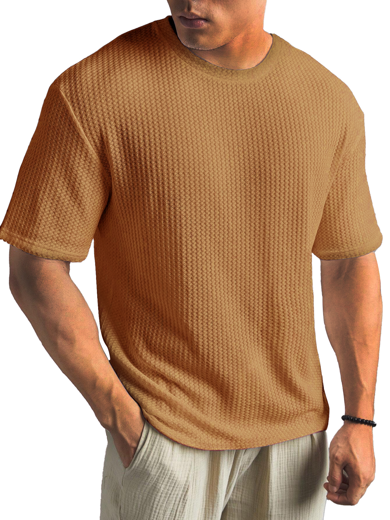 Fashionable Waffle Fabric Round Neck Short-sleeved Bottoming T-shirt