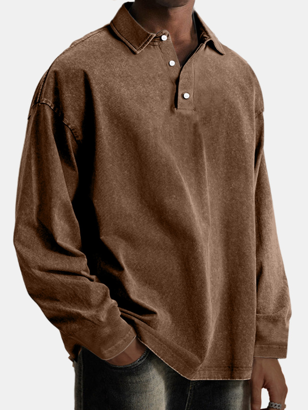 Men's Vintage Comfortable Lapel Button Down Long Sleeve Polo Shirt