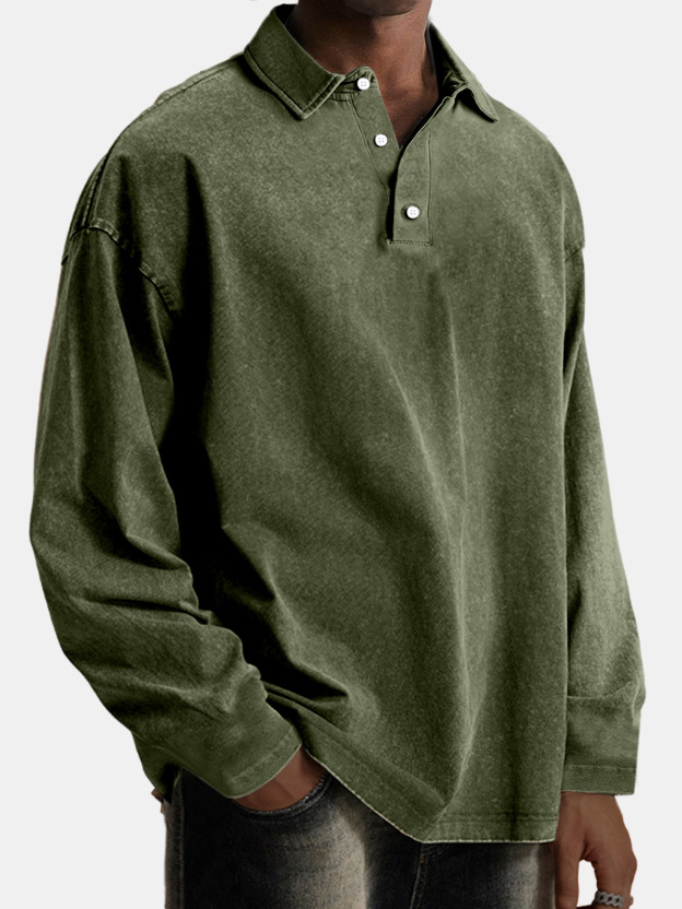 Men's Vintage Comfortable Lapel Button Down Long Sleeve Polo Shirt