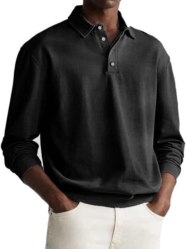 Men's Retro Distressed Comfortable Long Sleeve Lapel Polo Shirt