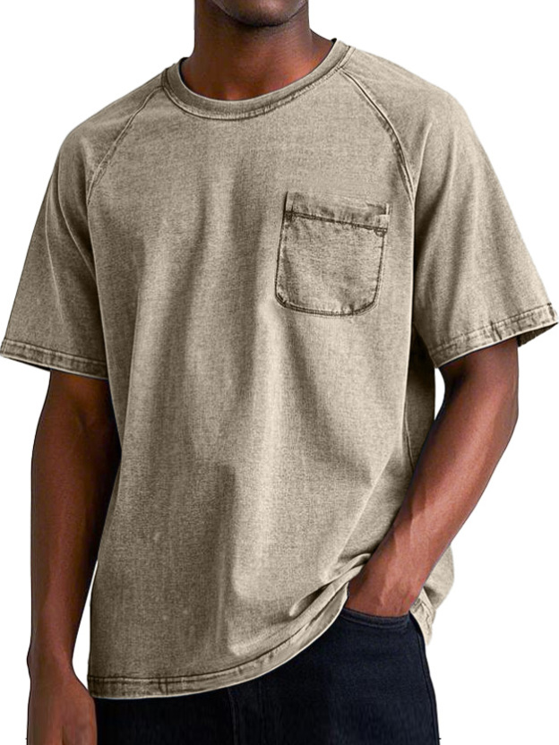 Men's Retro Round Neck Raglan Pocket Casual Short Sleeve T-Shirt