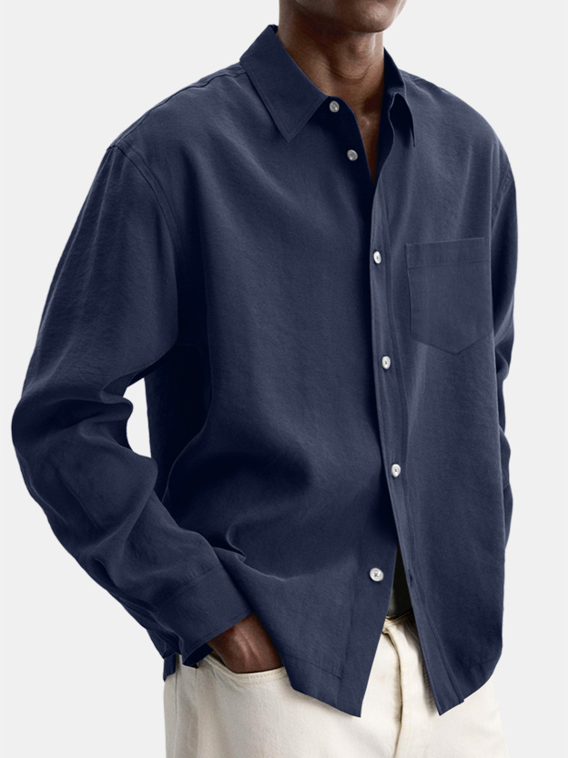 Men's Casual Basic Solid Color Lapel Pocket Long Sleeve Shir