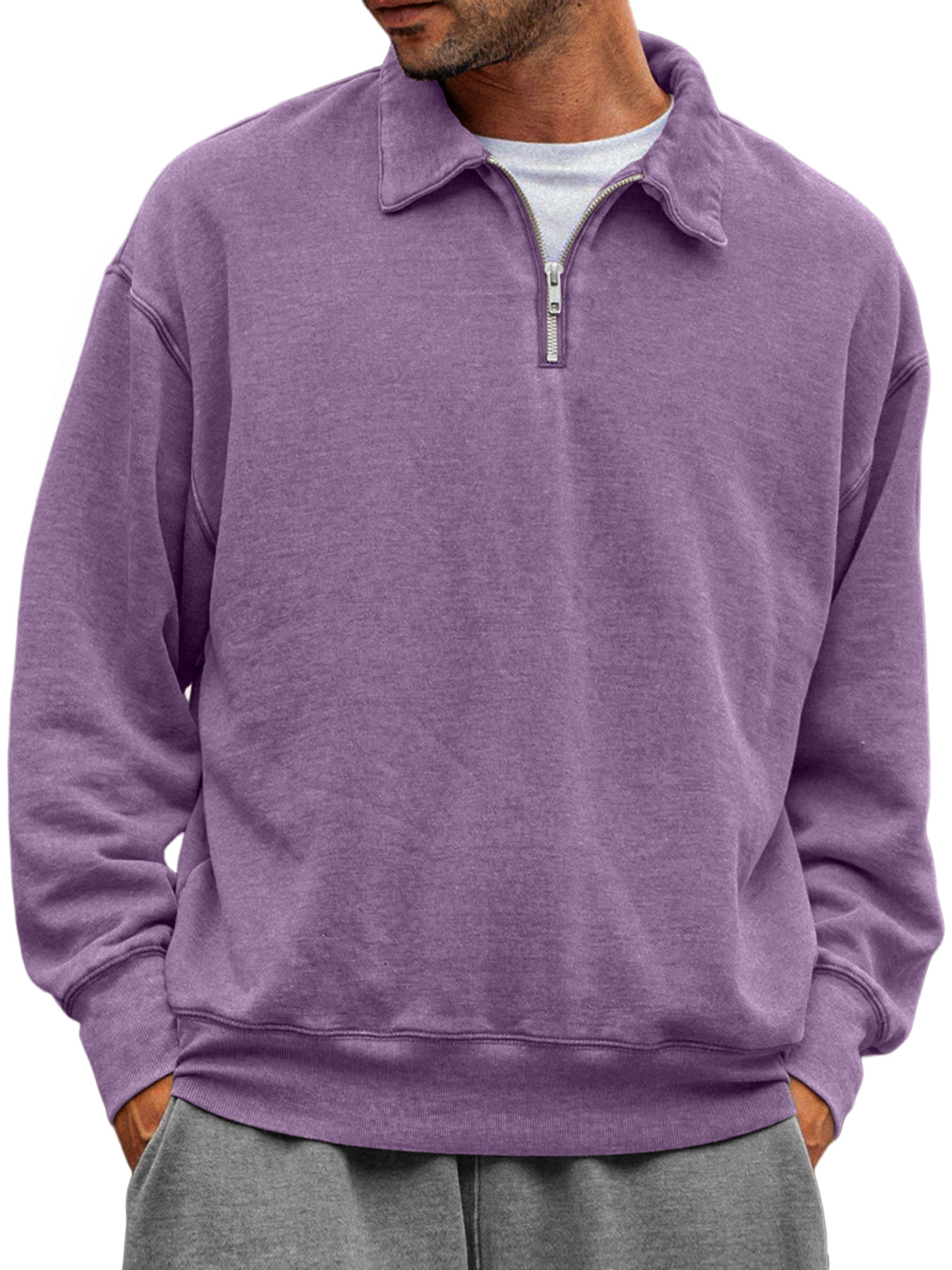 Men's Casual Half-zip Lapel Solid Color Comfortable Sweatshirt