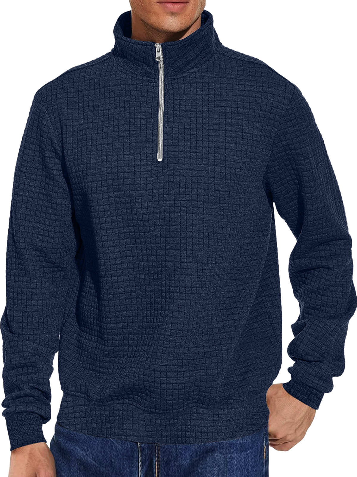 Men's Casual Stand Collar Zipper Checkered Solid Color Comfortable Sweatshirt