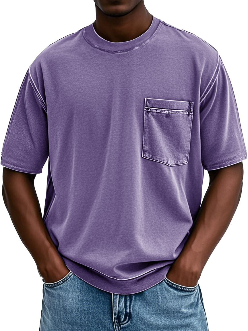 Men's Fashion Retro Distressed Round Neck Pocket Short-sleeved T-shirt