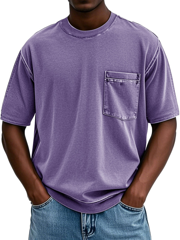 Men's Fashion Retro Distressed Round Neck Pocket Short-sleeved T-shirt