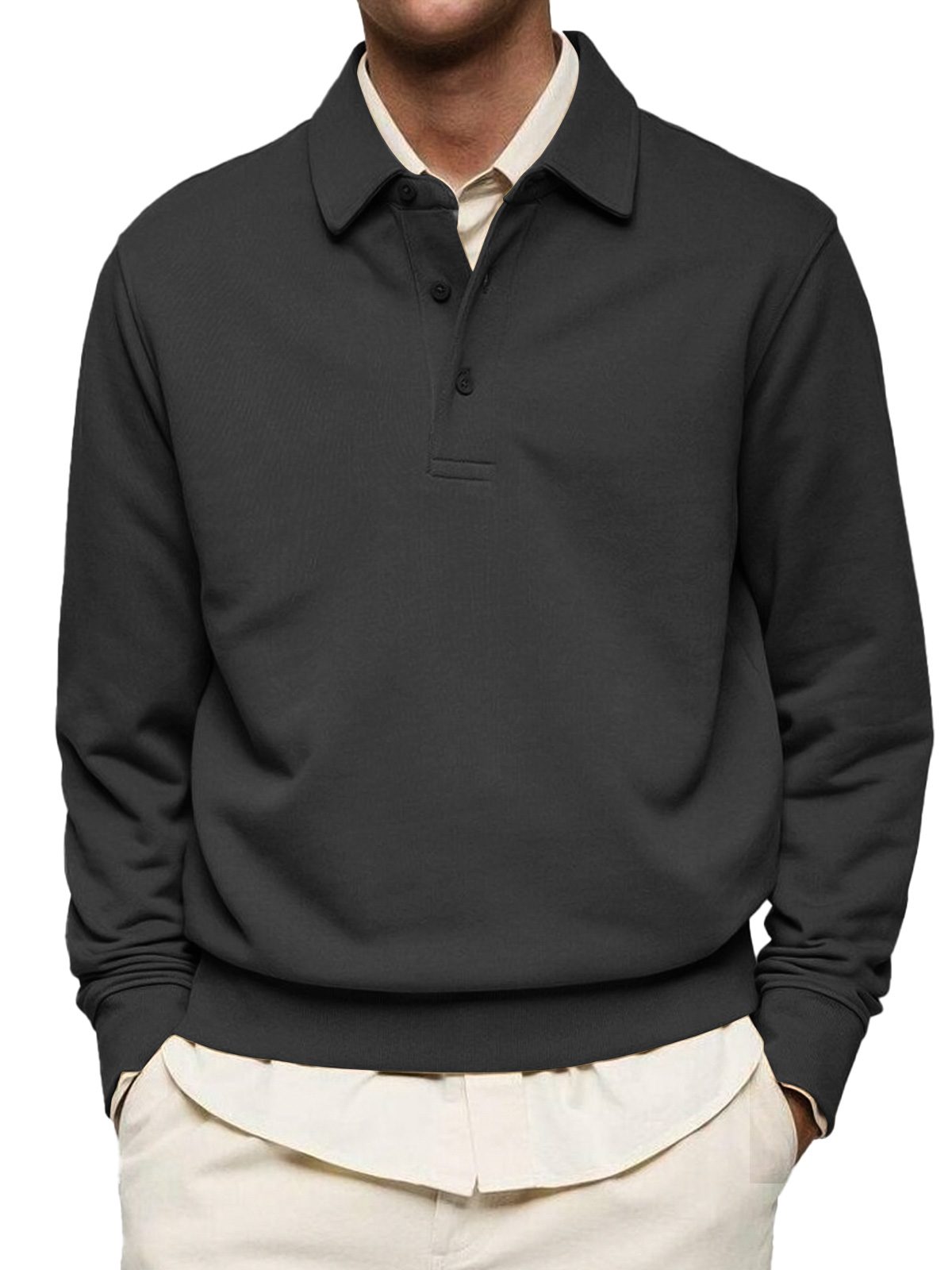 Men's Casual Solid Color Lapel Button Comfortable Polo Sweatshirt