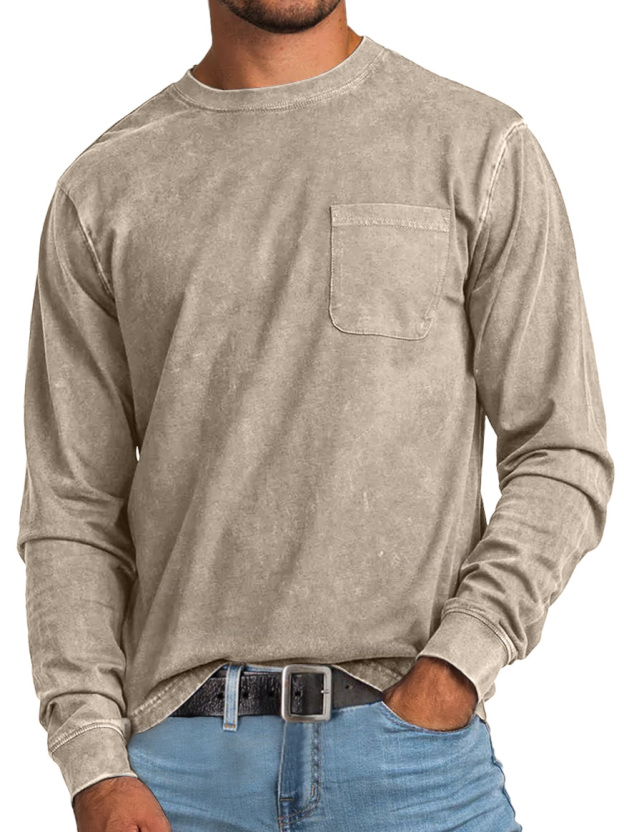 Men's Retro Casual Round Neck Pocket Solid Color Long Sleeve T-Shirt