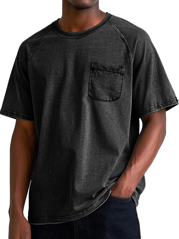 Men's Retro Round Neck Raglan Pocket Casual Short Sleeve T-Shirt