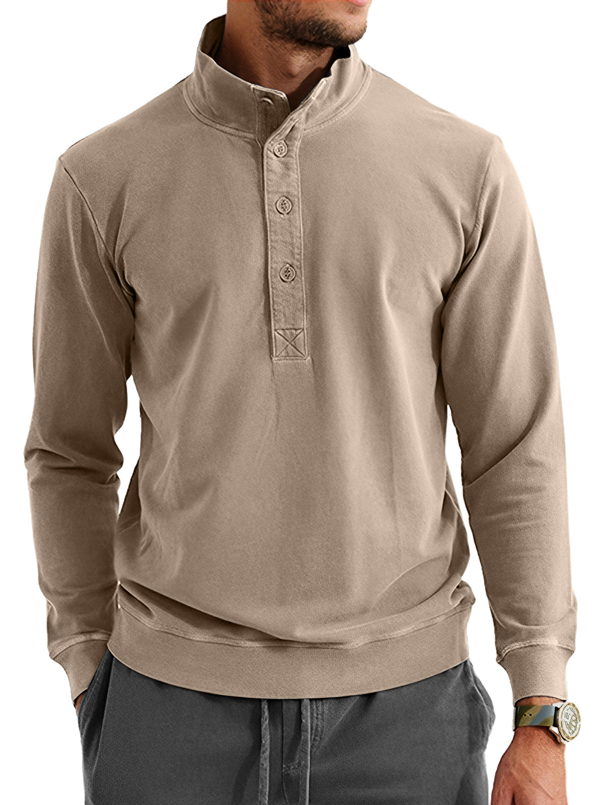 Men's Retro Casual Stand Collar Button Solid Color Sweatshirt
