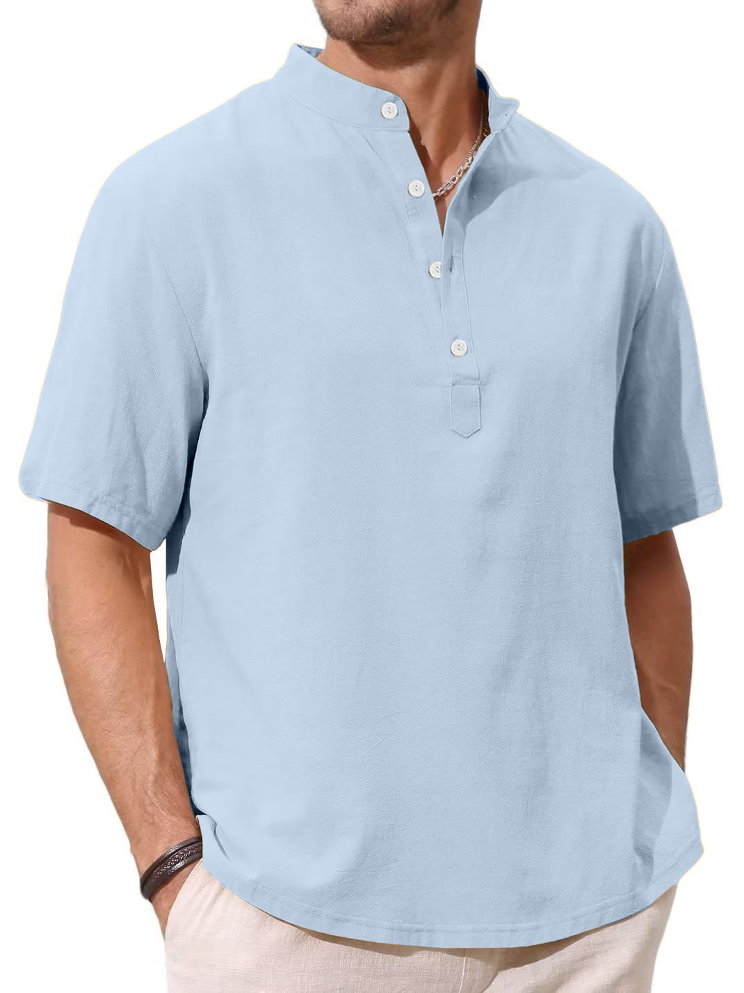 Men's Solid Color Comfortable Pullover Short-sleeved Henley Shirt