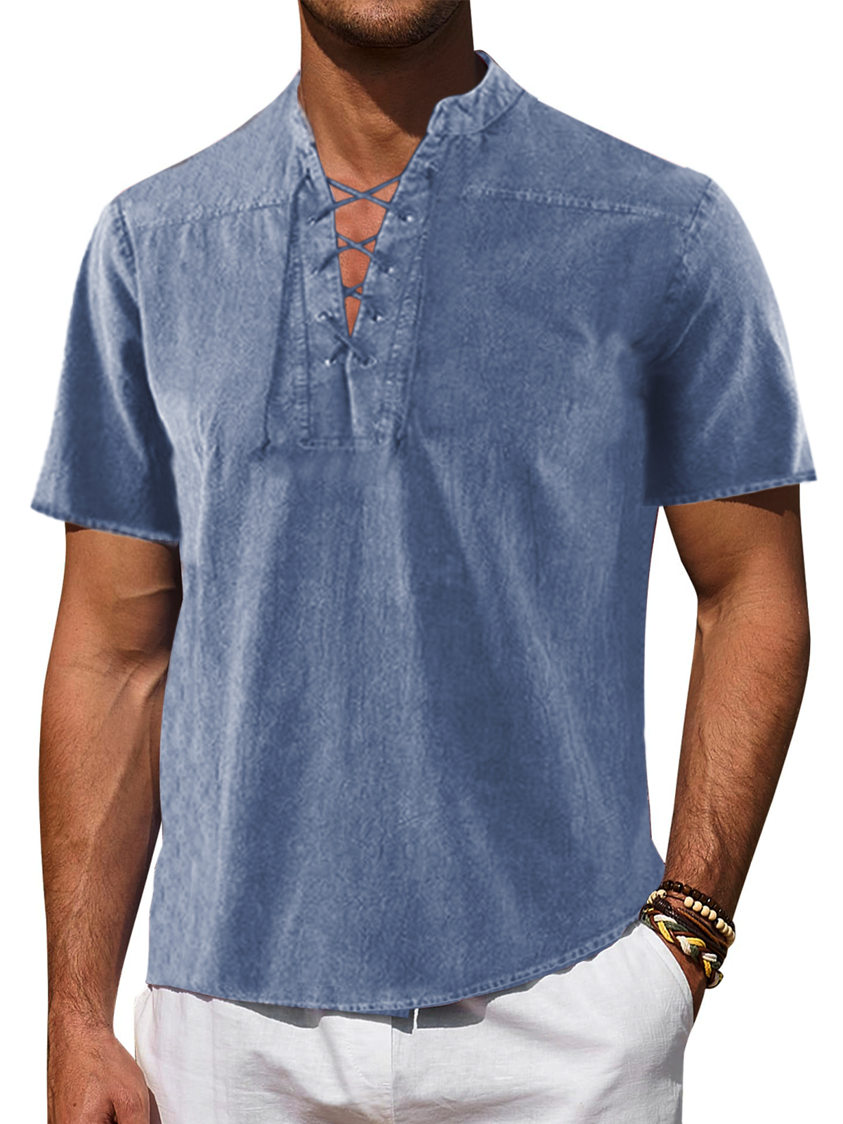 Men's Vintage Solid Color Lace-up Henley Collar Short-sleeved Shirt