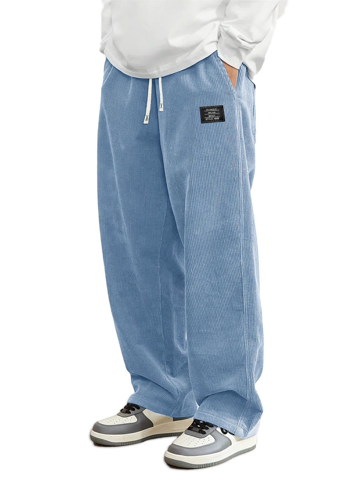 Men's Daily Casual Pit Strip Corduroy Fabric Embroidery Logo Tether Loose Elastic Waist Pocket Pants