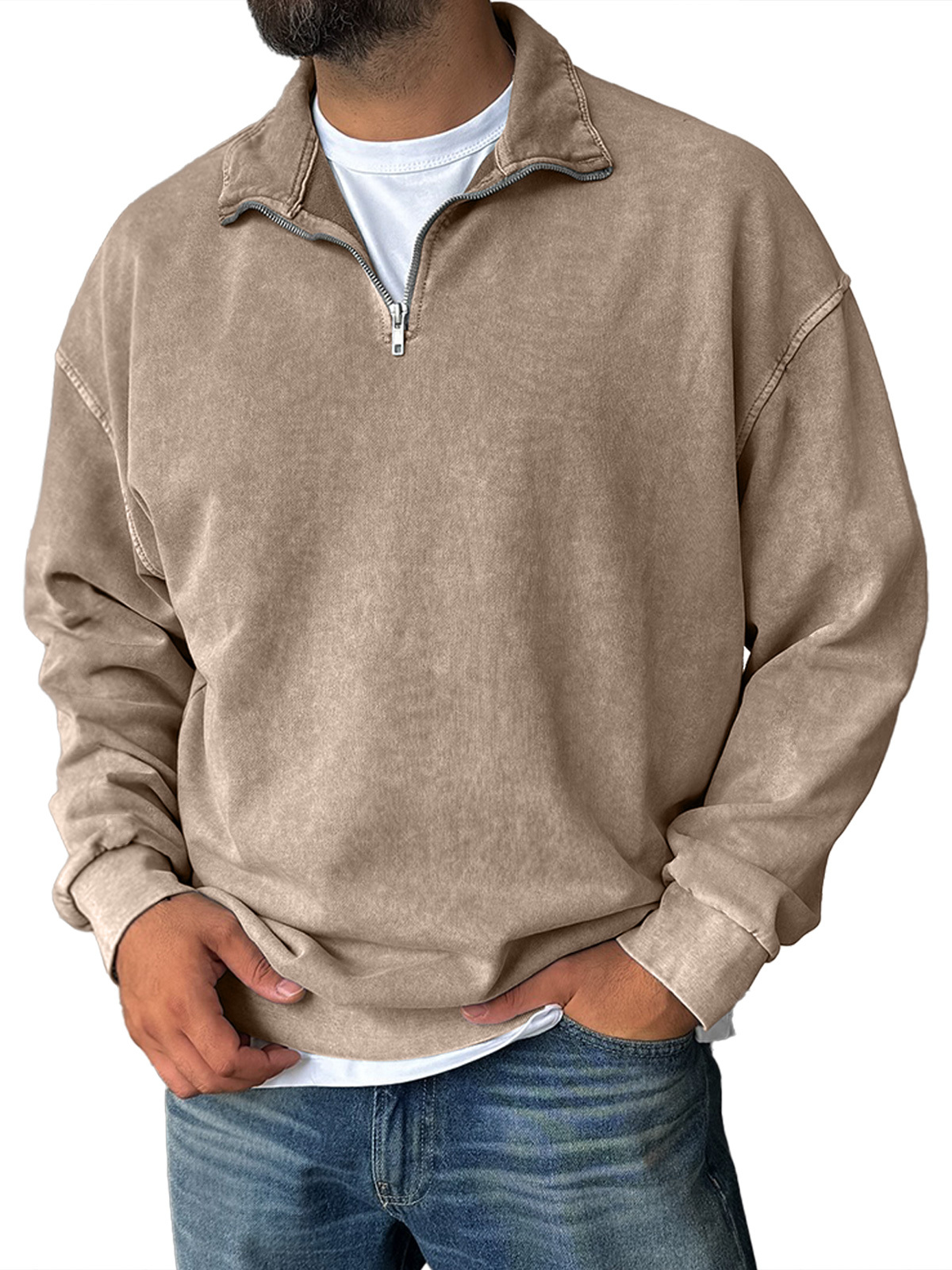 Men's Fashionable Retro Half-zip Stand Collar Casual Sweatshirt