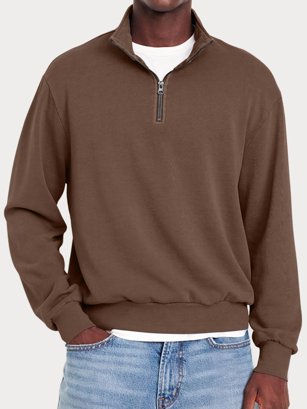 Men's Casual Zipper Half Turtleneck Solid Color Comfortable Sweatshirt