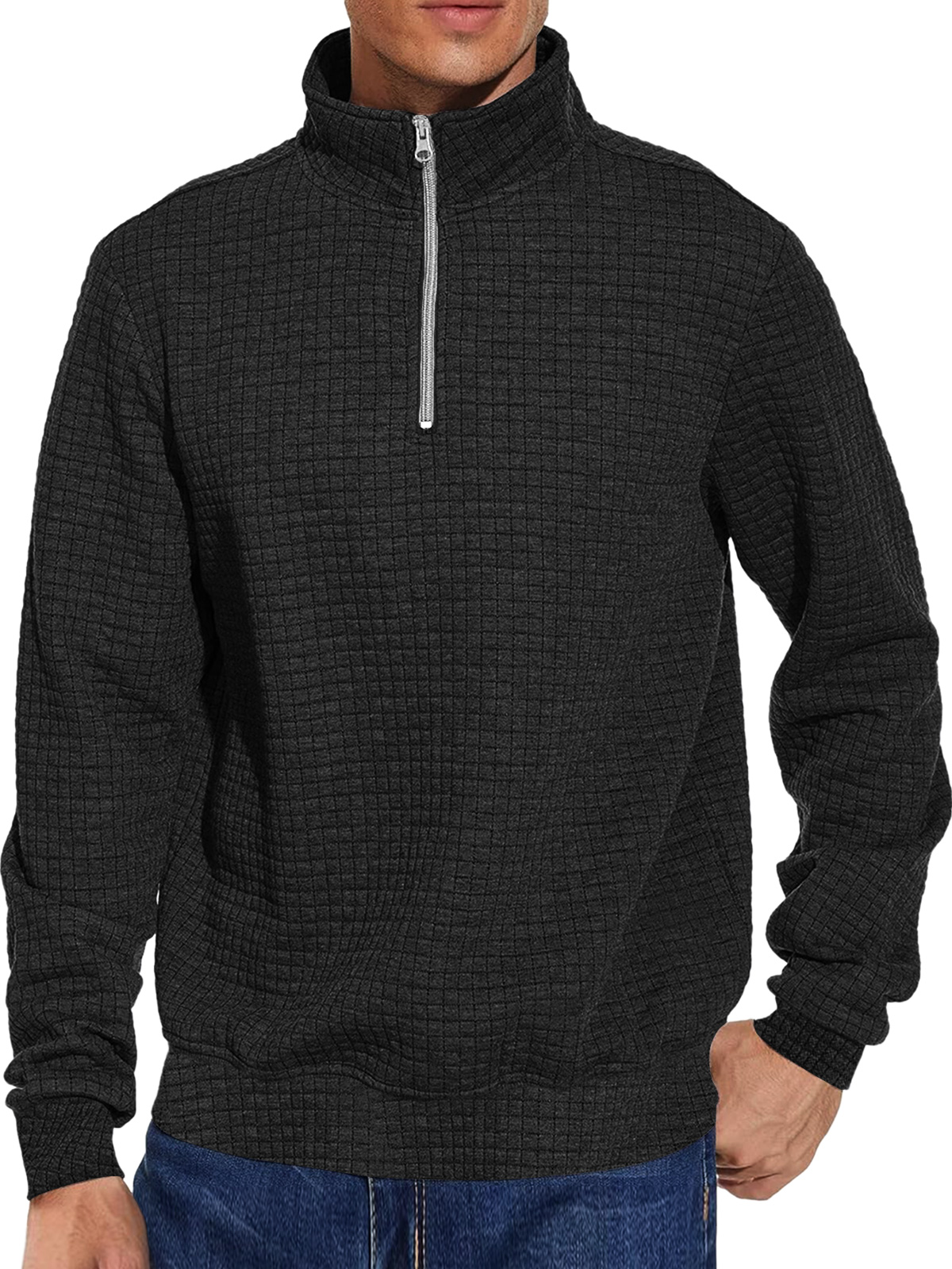 Men's Casual Stand Collar Zipper Checkered Solid Color Comfortable Sweatshirt
