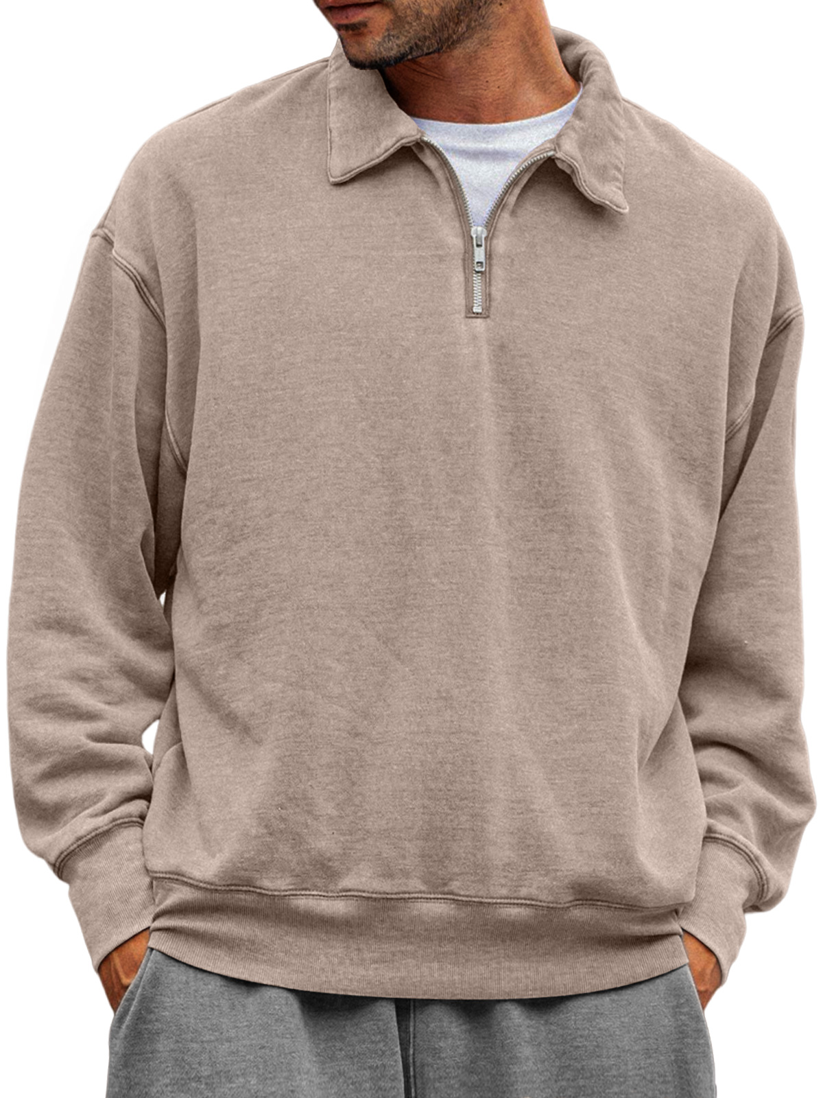 Men's Casual Half-zip Lapel Solid Color Comfortable Sweatshirt