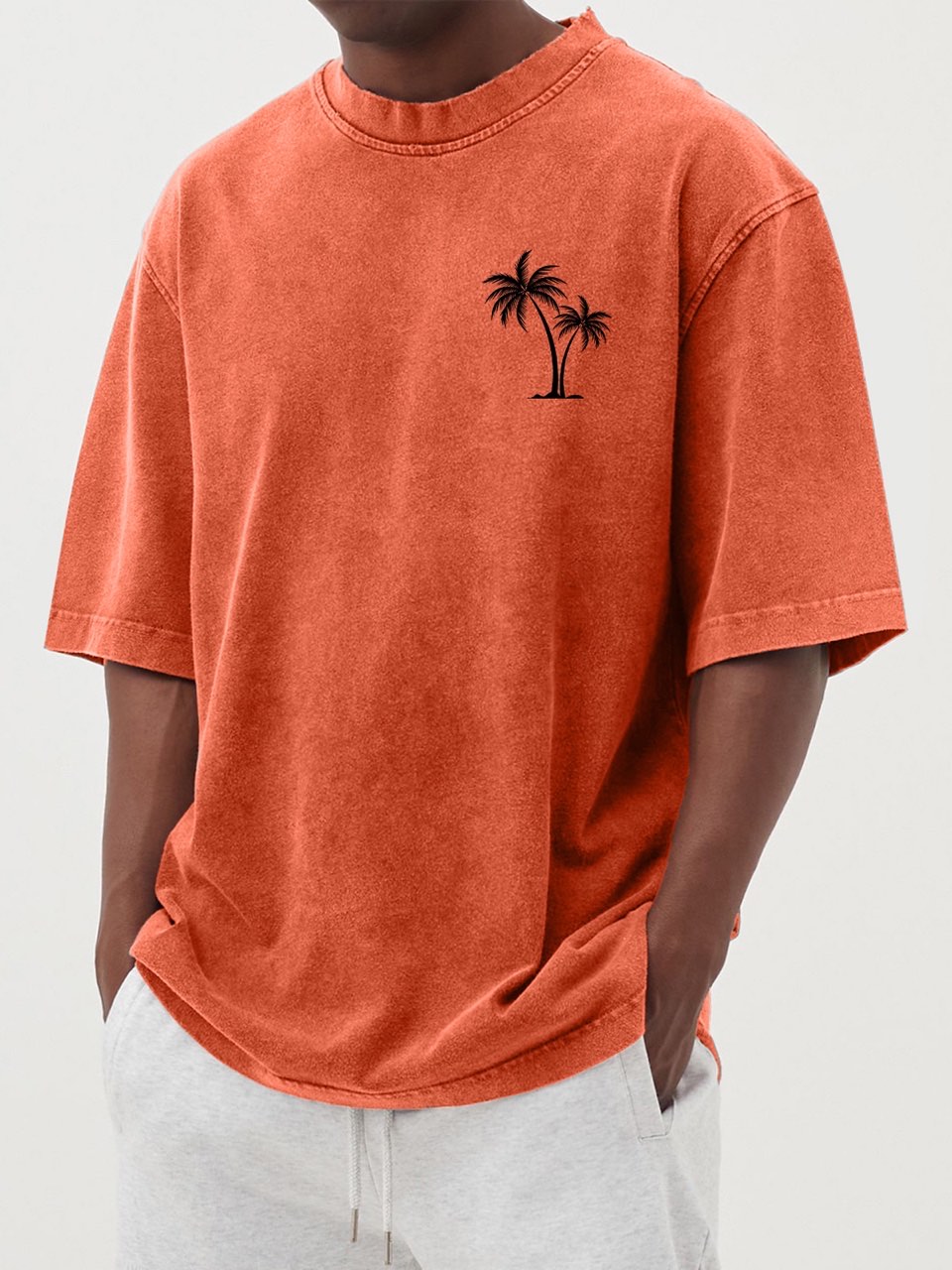 Men's Cotton Vintage Washed Palm Tree Print Short Sleeved Round Neck T-shirt