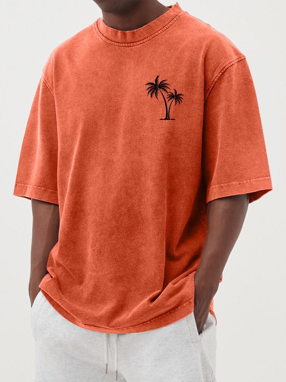 Men's Cotton Vintage Washed Palm Tree Print Short Sleeved Round Neck T-shirt