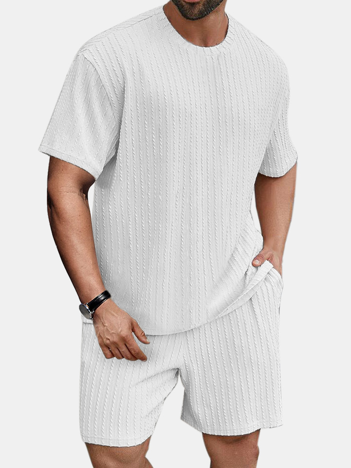 Men's solid color round neck pullover vertical pattern T-shirt shorts two-piece set