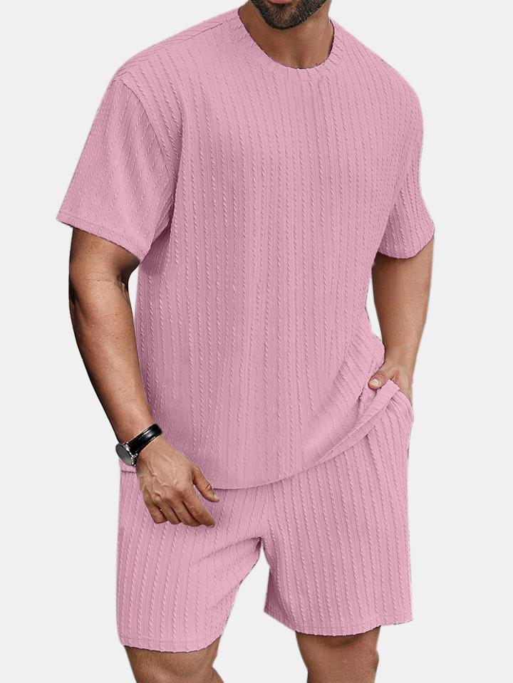 Men's solid color round neck pullover vertical pattern T-shirt shorts two-piece set