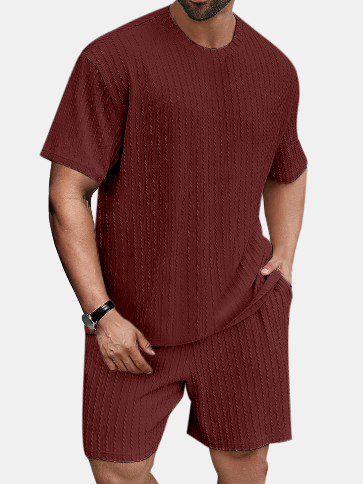 Men's solid color round neck pullover vertical pattern T-shirt shorts two-piece set