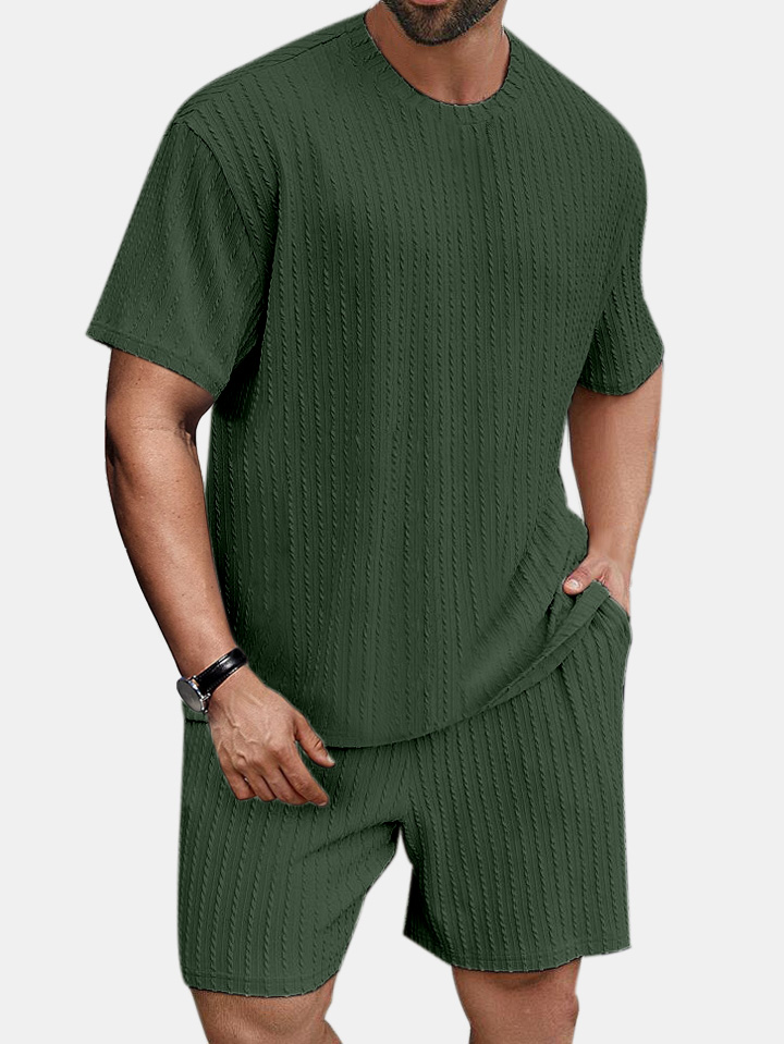 Men's solid color round neck pullover vertical pattern T-shirt shorts two-piece set