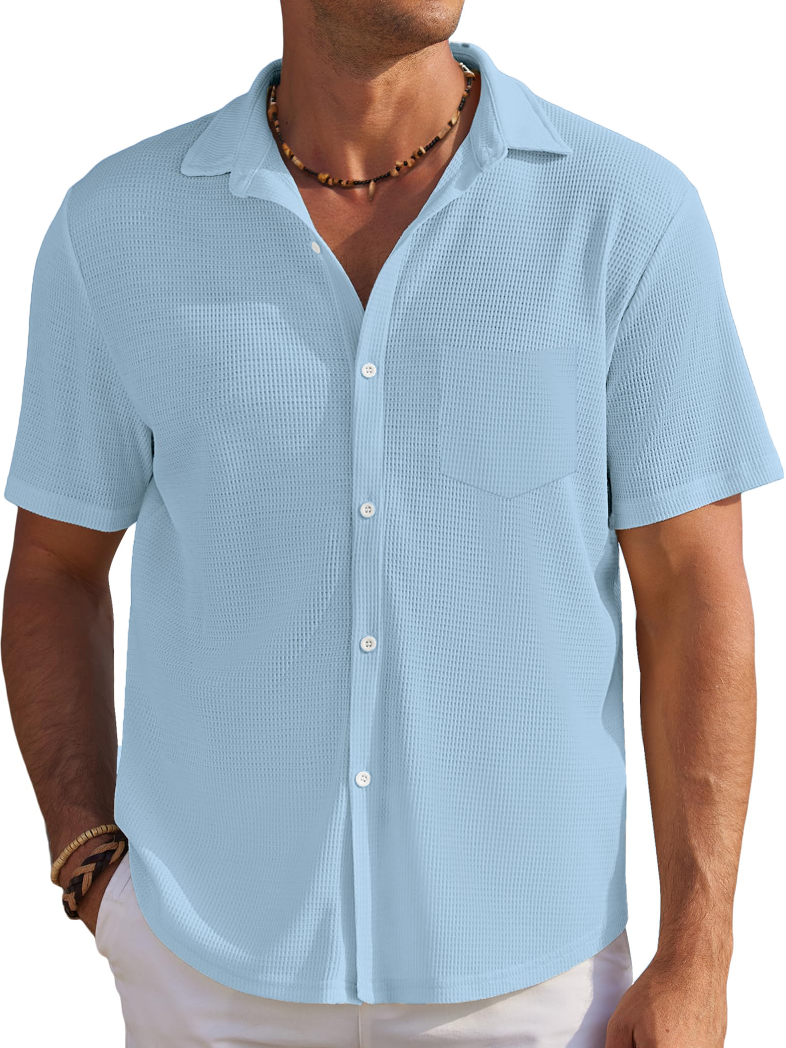 Men's Solid Color Comfortable Waffle Simple Everyday Short Sleeve Shirt