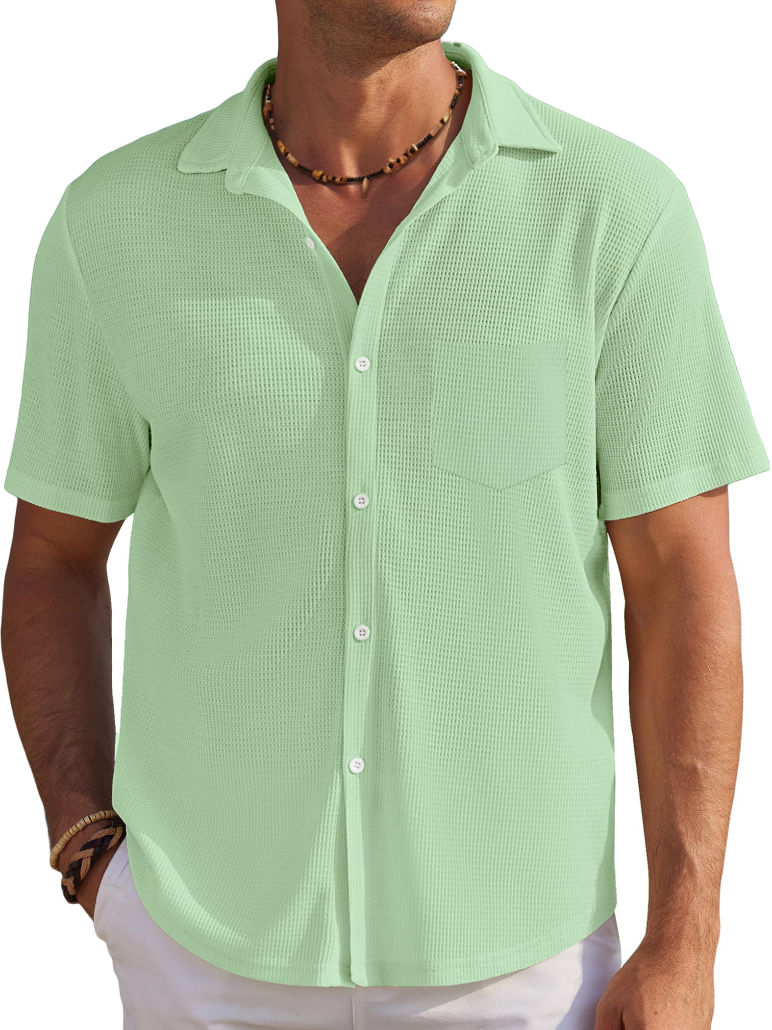 Men's Solid Color Comfortable Waffle Simple Everyday Short Sleeve Shirt