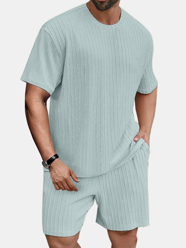 Men's solid color round neck pullover vertical pattern T-shirt shorts two-piece set