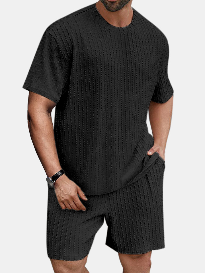 Men's solid color round neck pullover vertical pattern T-shirt shorts two-piece set