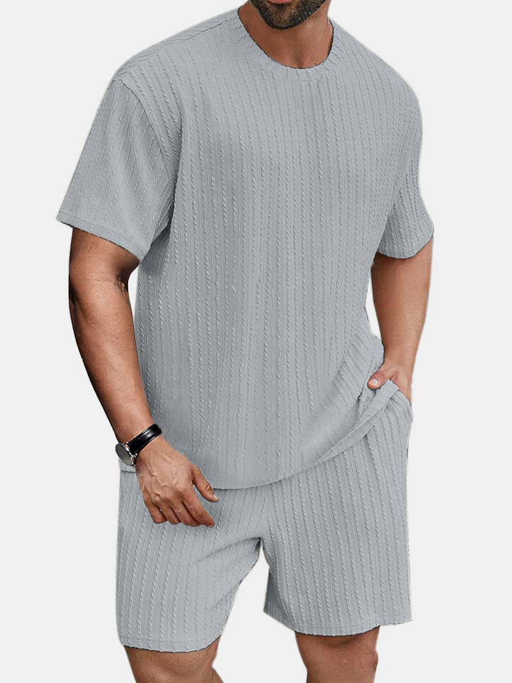 Men's solid color round neck pullover vertical pattern T-shirt shorts two-piece set