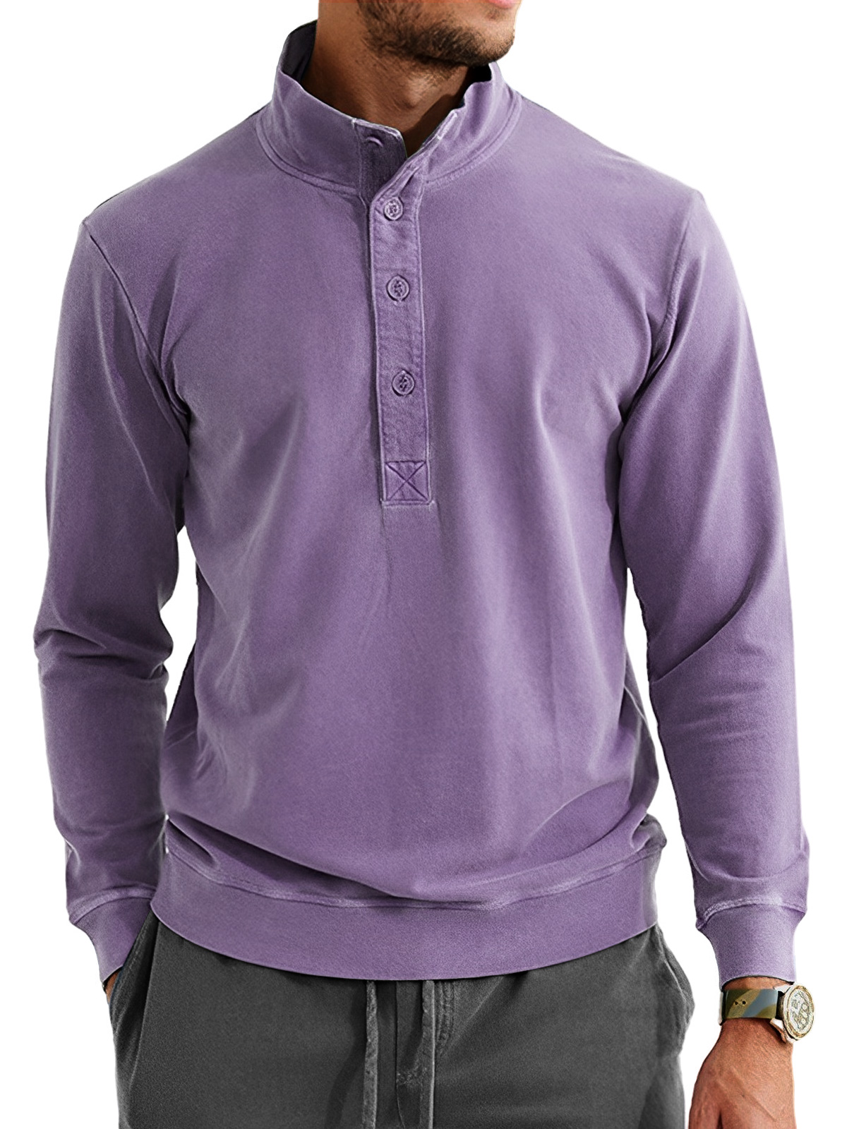Men's Retro Casual Stand Collar Button Solid Color Sweatshirt