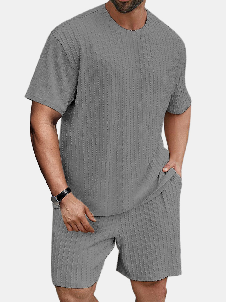 Men's solid color round neck pullover vertical pattern T-shirt shorts two-piece set
