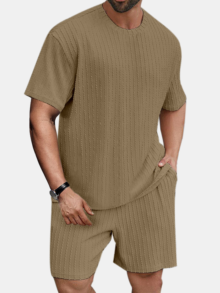 Men's solid color round neck pullover vertical pattern T-shirt shorts two-piece set