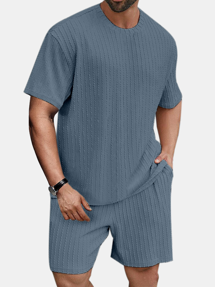 Men's solid color round neck pullover vertical pattern T-shirt shorts two-piece set