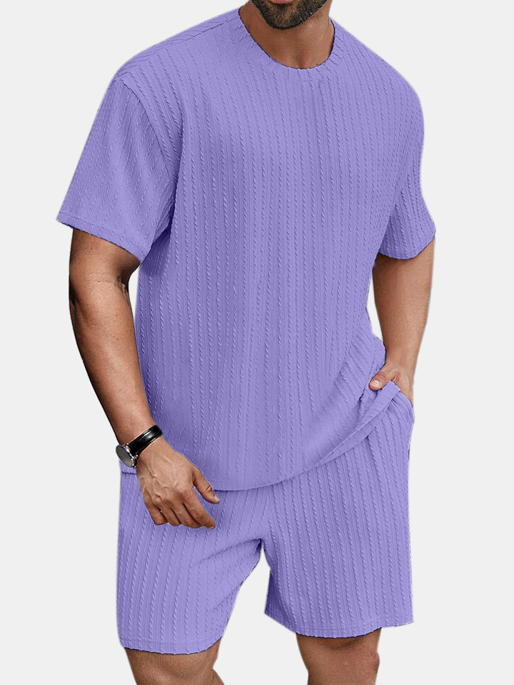 Men's solid color round neck pullover vertical pattern T-shirt shorts two-piece set
